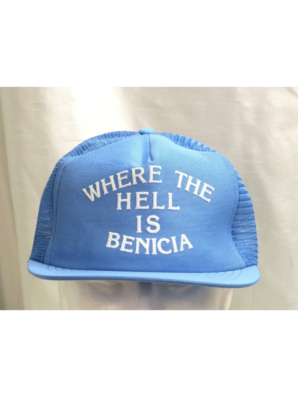 Vtg Where The Hell Is Benicia Foam Mesh Trucker Hat Snapback Made In USA Cap